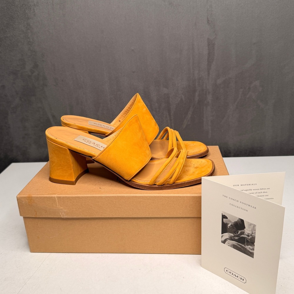 Coach Francesca Mules Women 7.5B Marigold Yellow Suede Block Heel Made in Italy‎